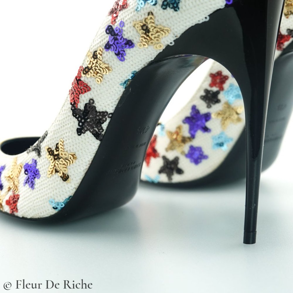 Saint Laurent Palace 105 White Sequin High Heels - Picture 6 of 9